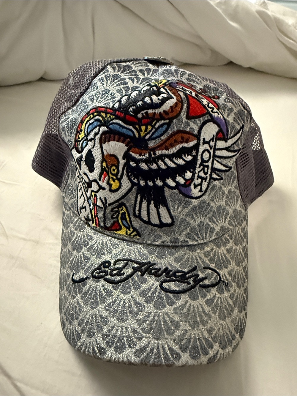 Ed Hardy Gray Mesh Trucker Hat with Multicolor Embroidered Eagle